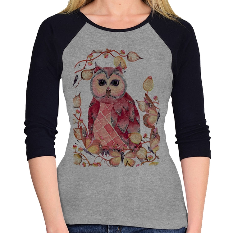 Baby Look Raglan Coruja e Folhas Manga 3/4 - Cinza/Preto