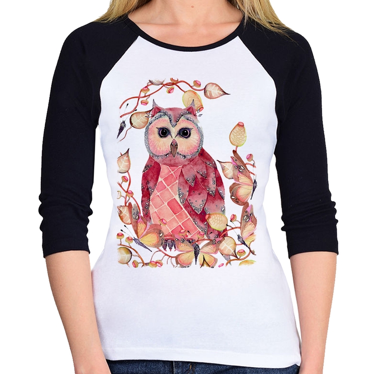 Baby Look Raglan Coruja e Folhas Manga 3/4