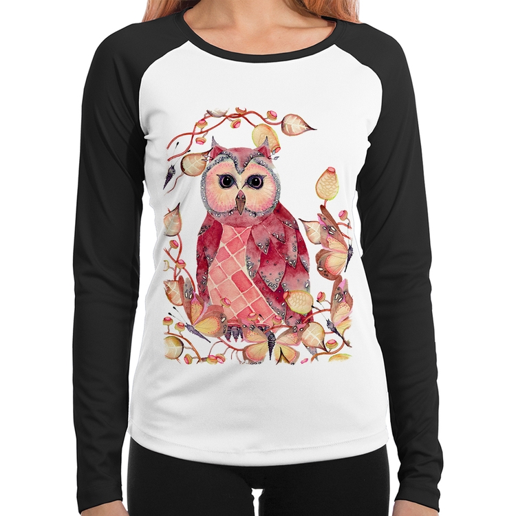 Baby Look Raglan Coruja e Folhas Manga Longa