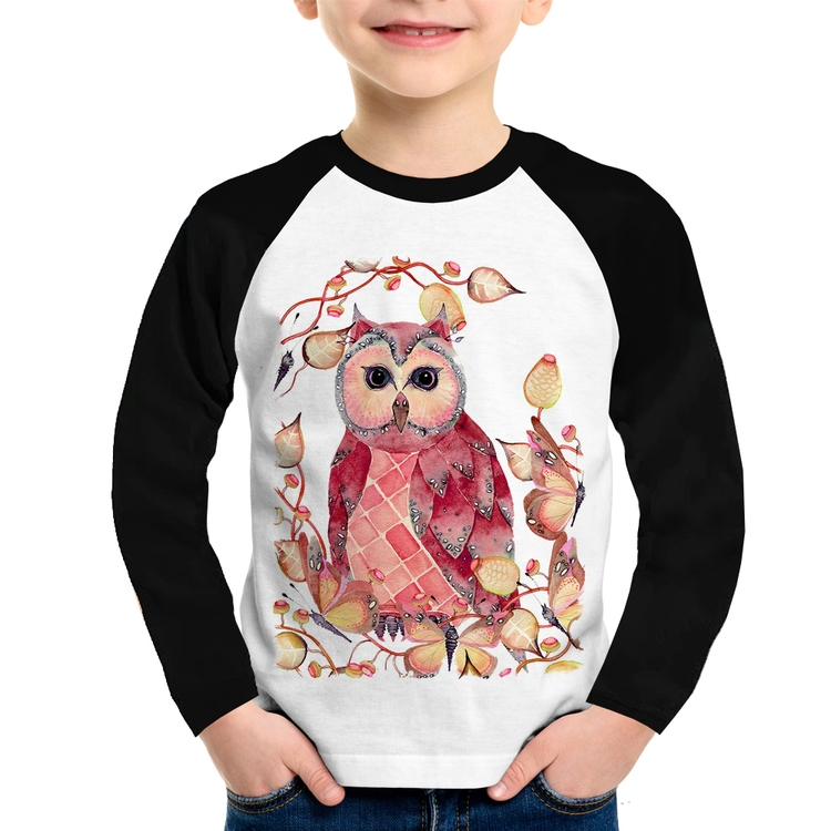 Camiseta Raglan Infantil Coruja e Folhas Manga Longa