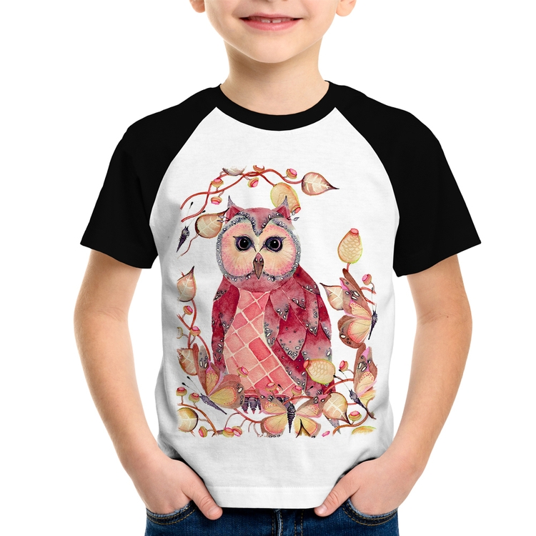 Camiseta Raglan Infantil Coruja e Folhas