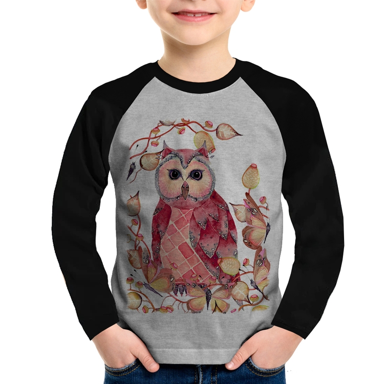 Camiseta Raglan Infantil Coruja e Folhas Manga Longa - Cinza/Preto