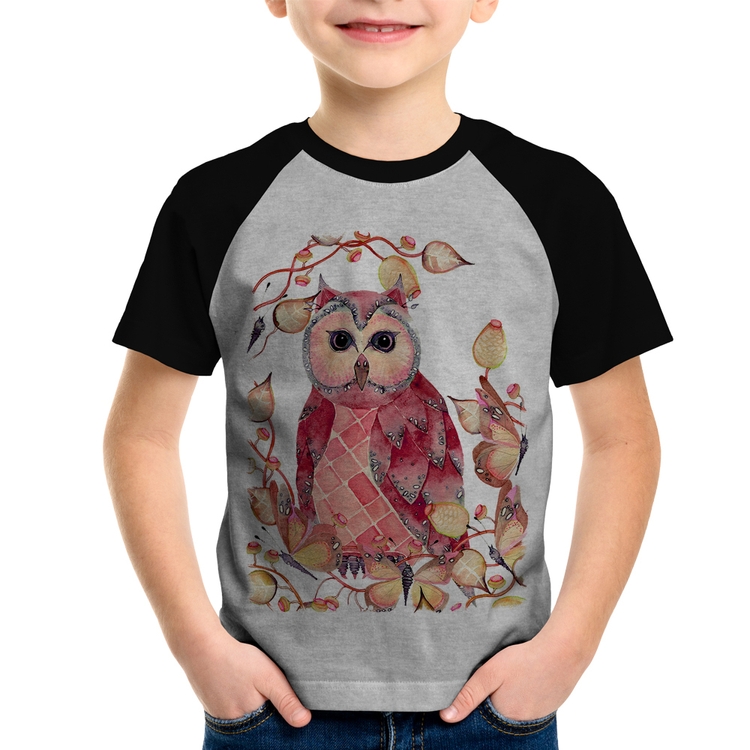 Camiseta Raglan Infantil Coruja e Folhas - Cinza/Preto
