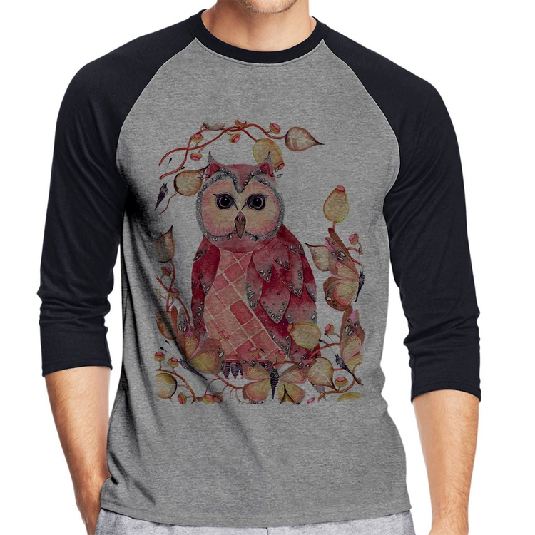 Camiseta Raglan Coruja e Folhas Manga 3/4 - Cinza/Preto