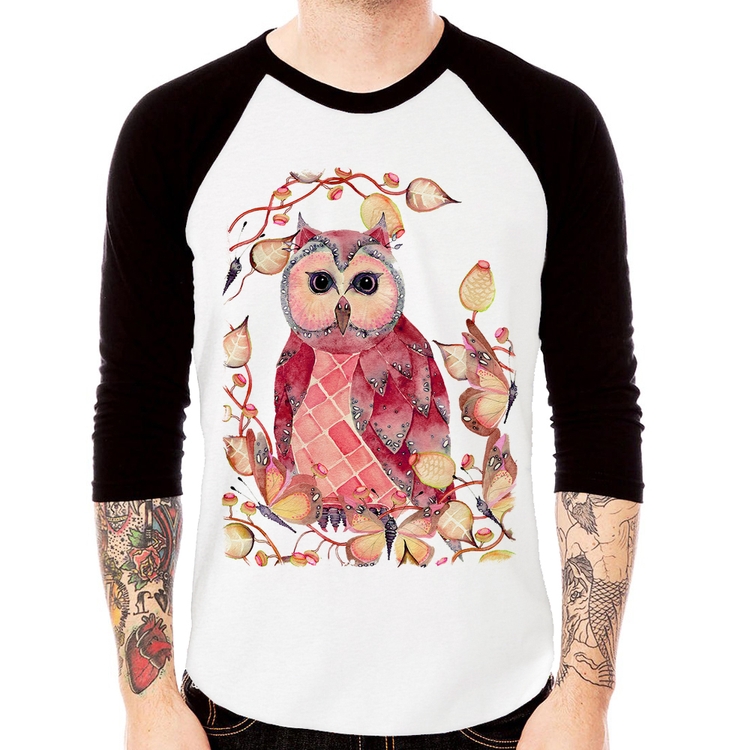 Camiseta Raglan Coruja e Folhas Manga 3/4