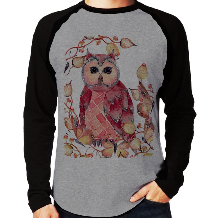 Camiseta Raglan Coruja e Folhas Manga Longa - Cinza/Preto