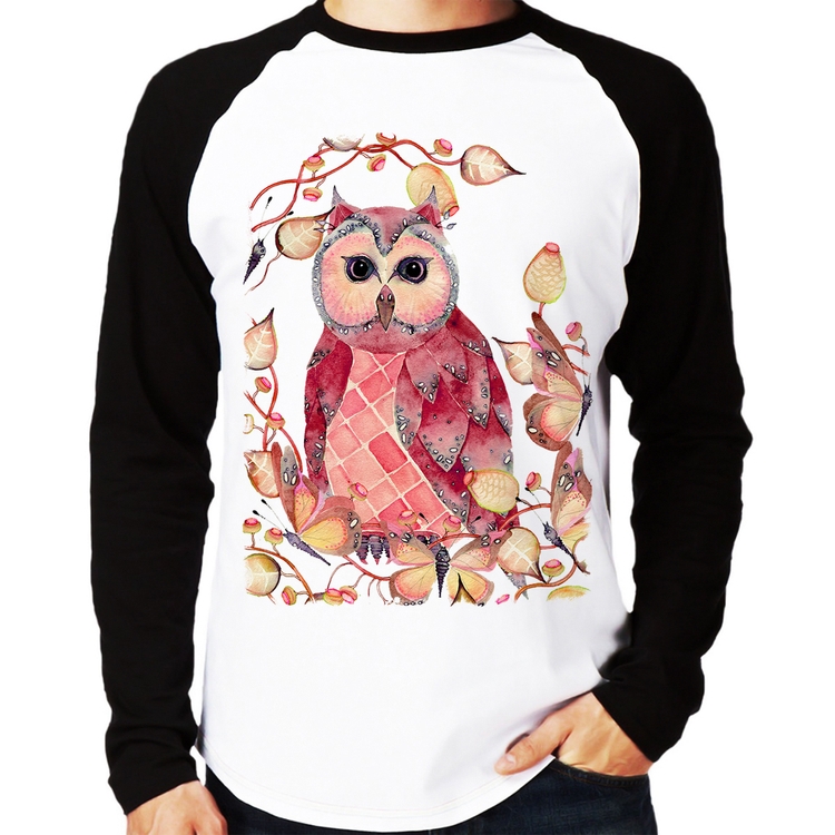 Camiseta Raglan Coruja e Folhas Manga Longa