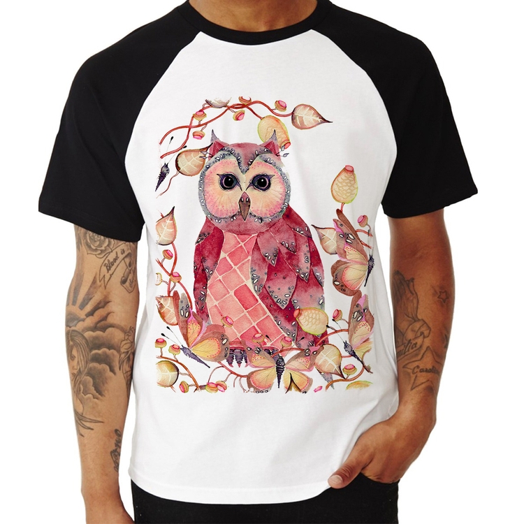 Camiseta Raglan Coruja e Folhas