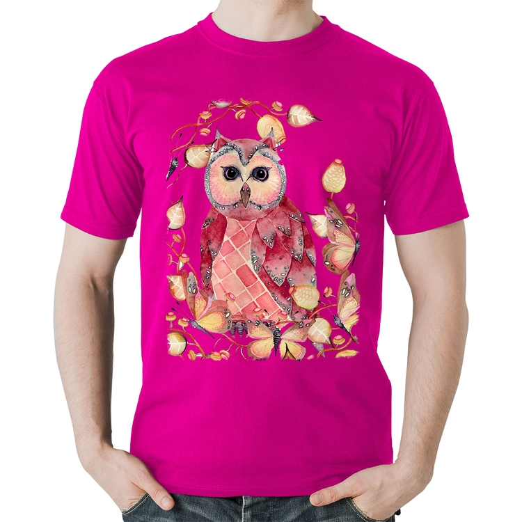 Camiseta Algodão Coruja e Folhas - Rosa