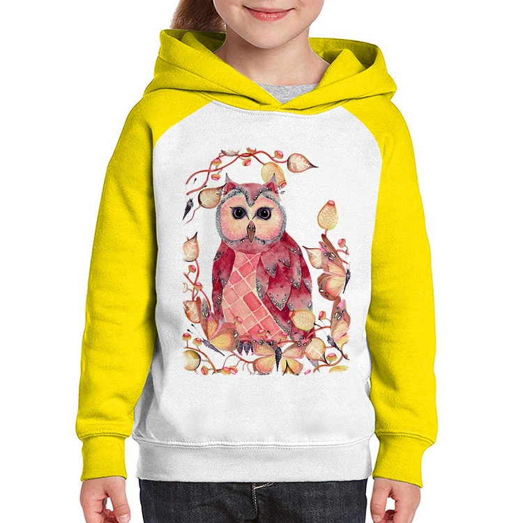 Moletom Infantil Coruja e Folhas - Branco/Amarelo
