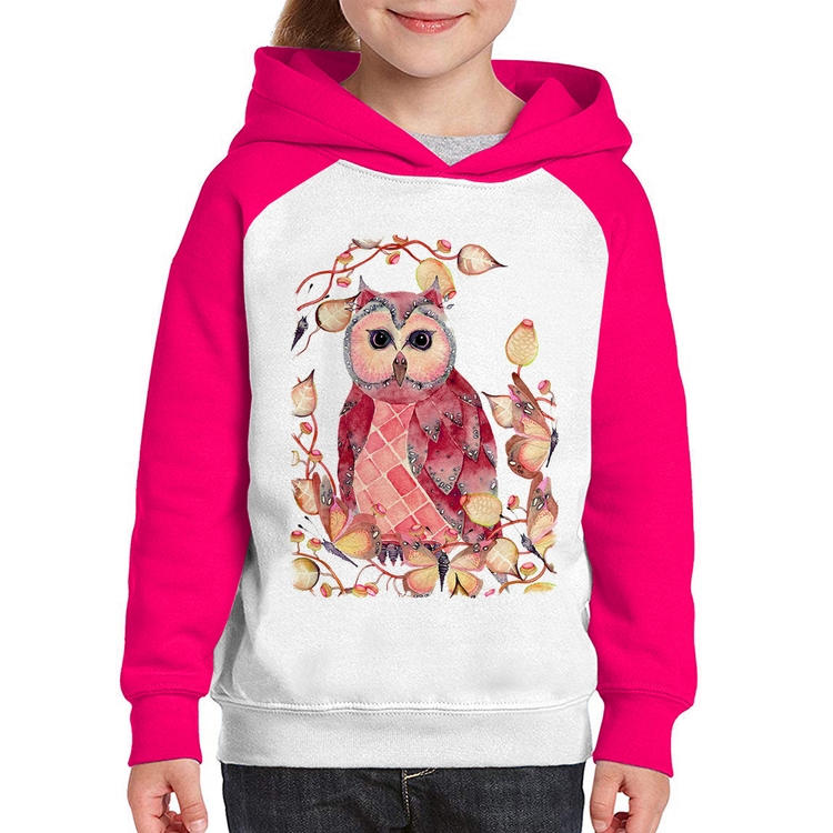 Moletom Infantil Coruja e Folhas - Branco/Rosa