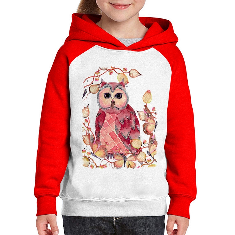 Moletom Infantil Coruja e Folhas - Branco/Vermelho