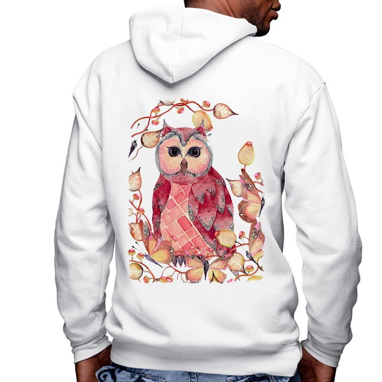 Blusa Moletom Coruja e Folhas Masculina com Capuz e Zíper - Branca