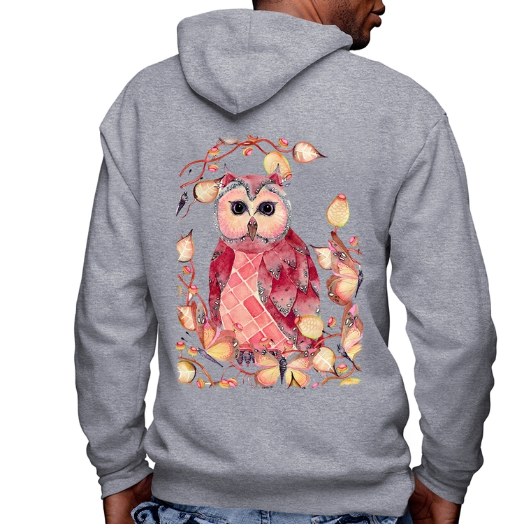 Blusa Moletom Coruja e Folhas Masculina com Capuz e Zíper - Mescla