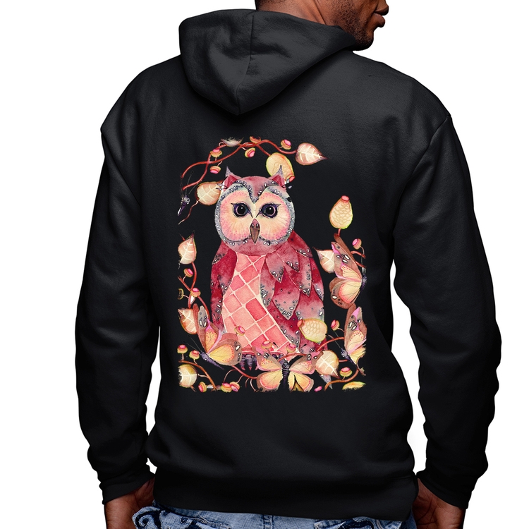 Blusa Moletom Coruja e Folhas Masculina com Capuz e Zíper