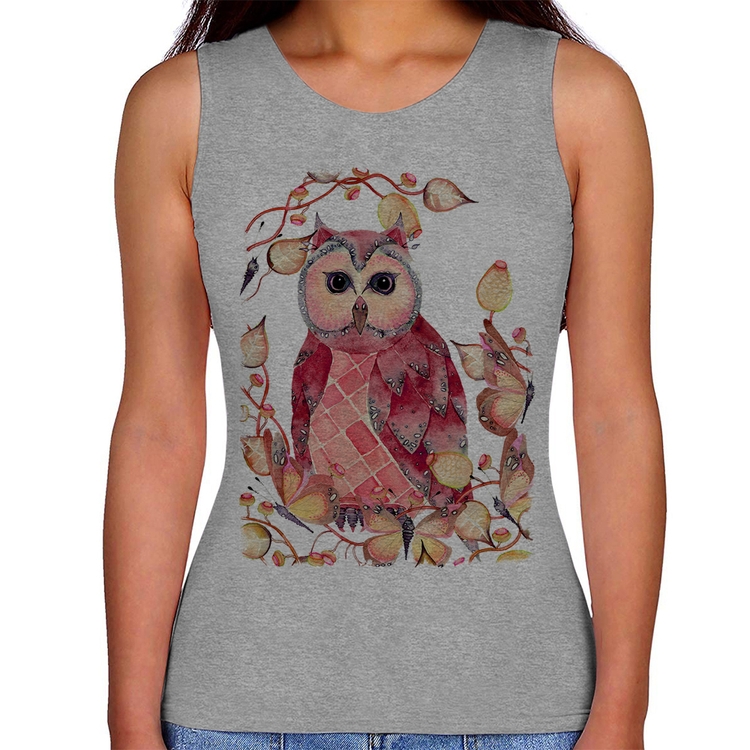 Regata Feminina Coruja e Folhas - Cinza