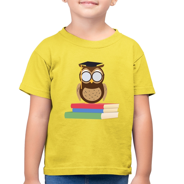 Camiseta Algodão Infantil Coruja Estudante - Amarelo Canário