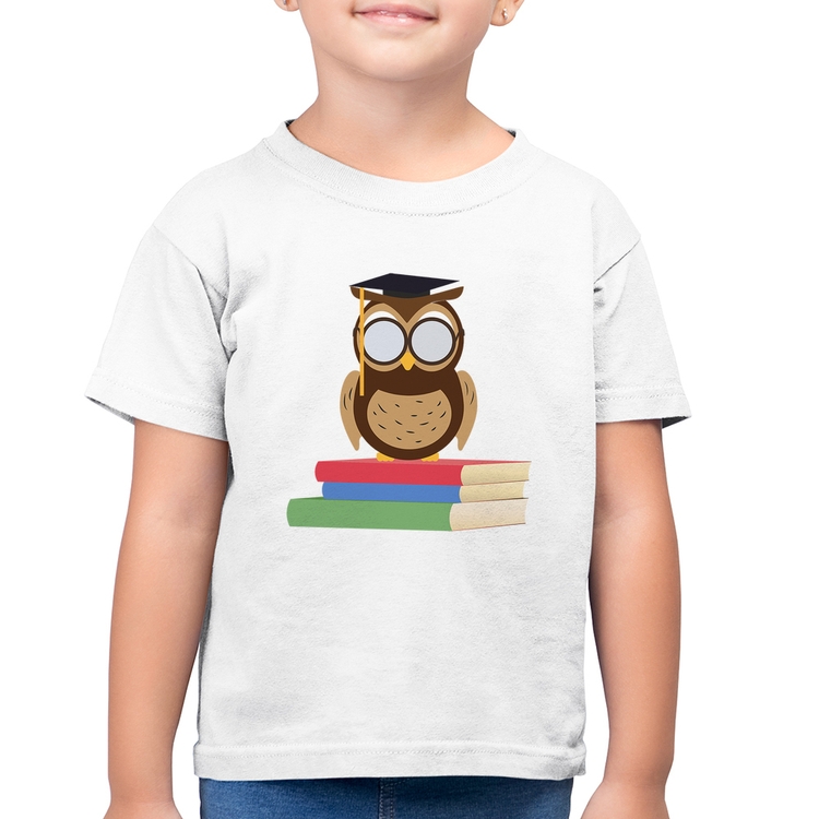 Camiseta Algodão Infantil Coruja Estudante - Branca