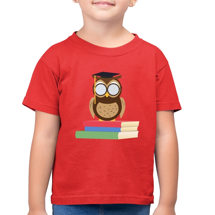 Camiseta Algodão Infantil Coruja Estudante - Vermelha