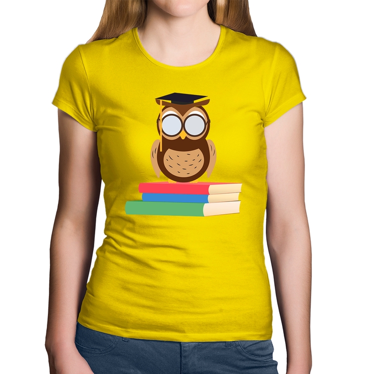 Baby Look Algodão Coruja Estudante - Amarela