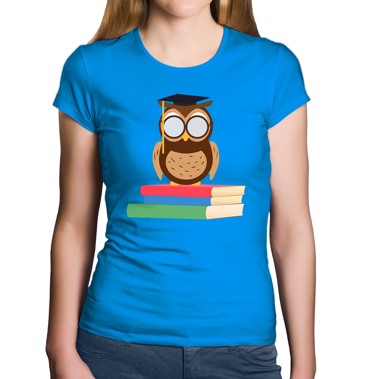 Baby Look Algodão Coruja Estudante - Azul