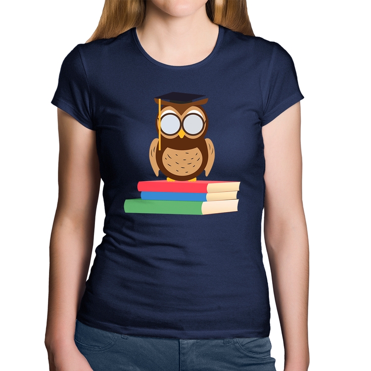 Baby Look Algodão Coruja Estudante - Marinho