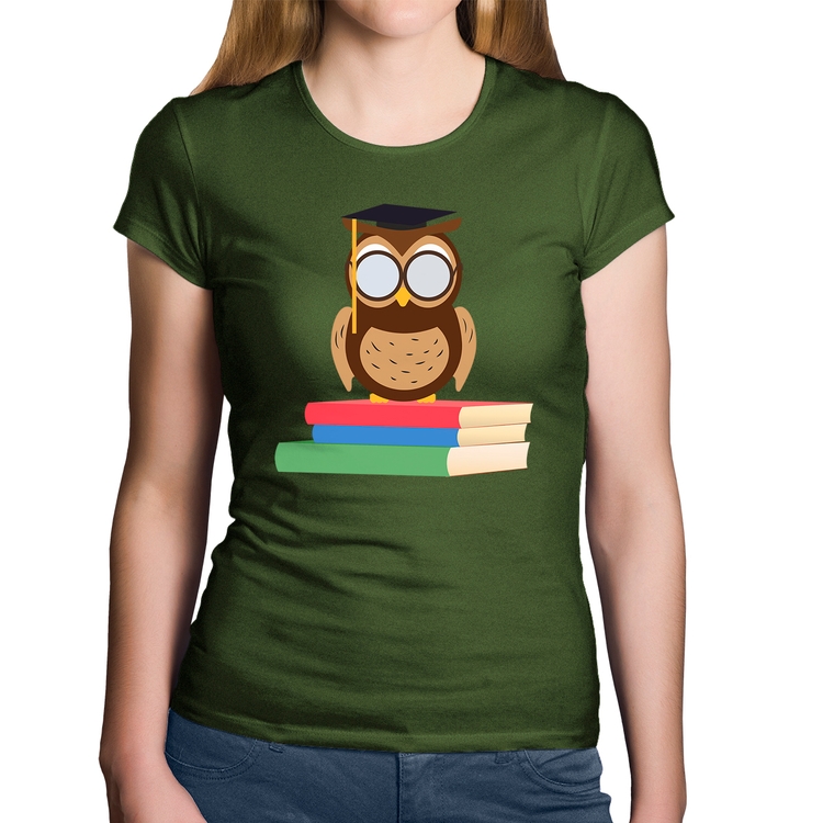 Baby Look Algodão Coruja Estudante - Musgo