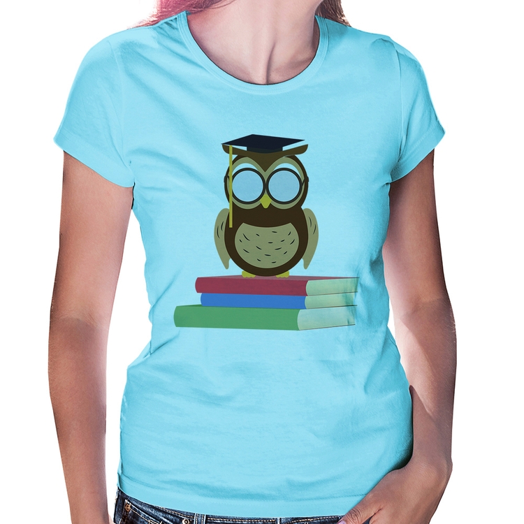 Baby Look Coruja Estudante - Azul Bebê