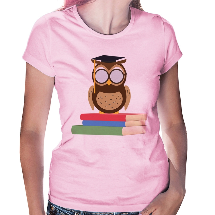 Baby Look Coruja Estudante - Rosa Bebê