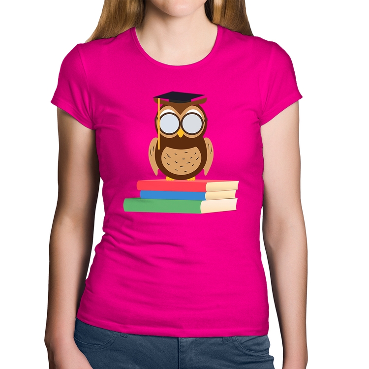 Baby Look Algodão Coruja Estudante - Rosa