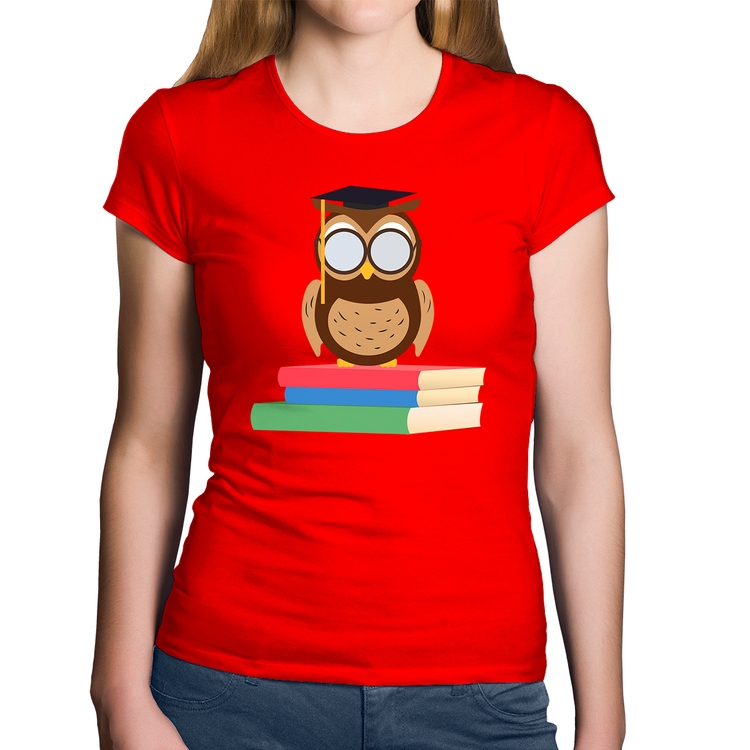 Baby Look Algodão Coruja Estudante - Vermelha