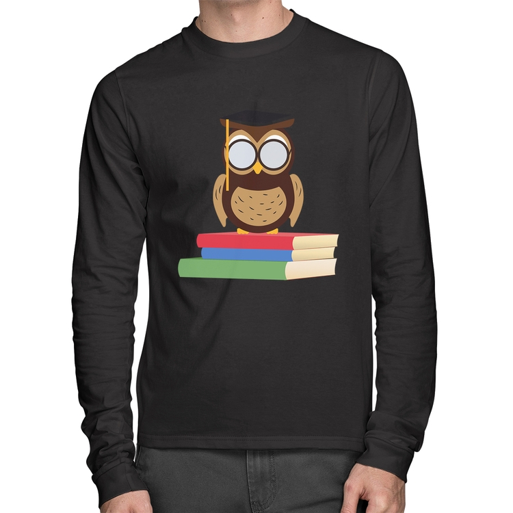 Camiseta Algodão Coruja Estudante Manga Longa