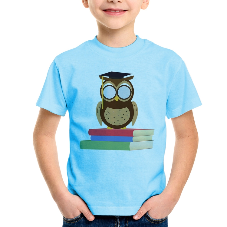 Camiseta Infantil Coruja Estudante - Azul Bebê