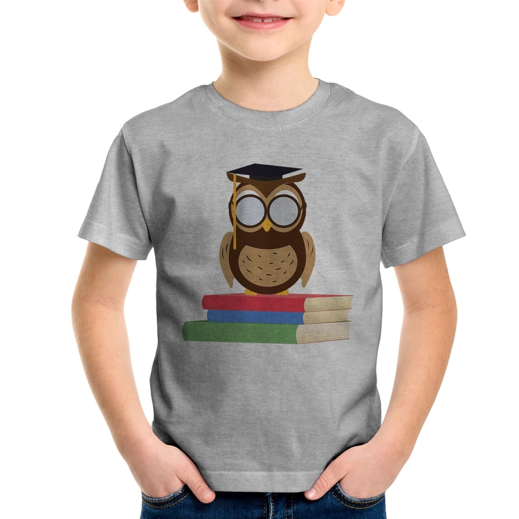 Camiseta Infantil Coruja Estudante - Cinza