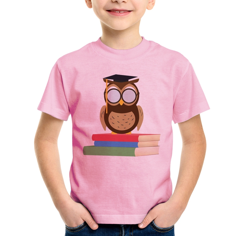 Camiseta Infantil Coruja Estudante - Rosa Bebê