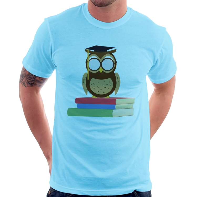 Camiseta Coruja Estudante - Azul Bebê