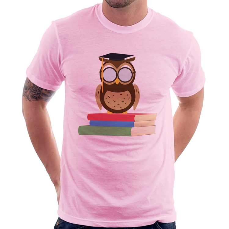 Camiseta Coruja Estudante - Rosa Bebê