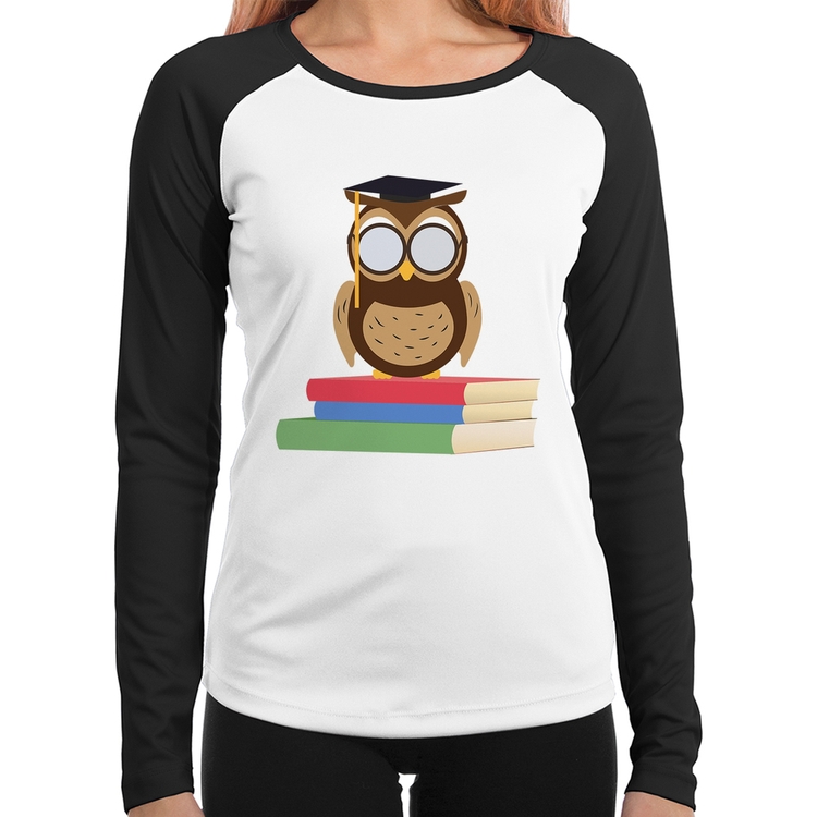 Baby Look Raglan Coruja Estudante Manga Longa