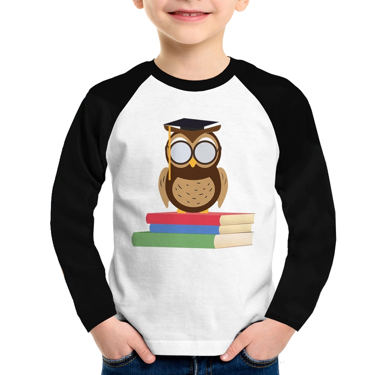 Camiseta Raglan Infantil Coruja Estudante Manga Longa