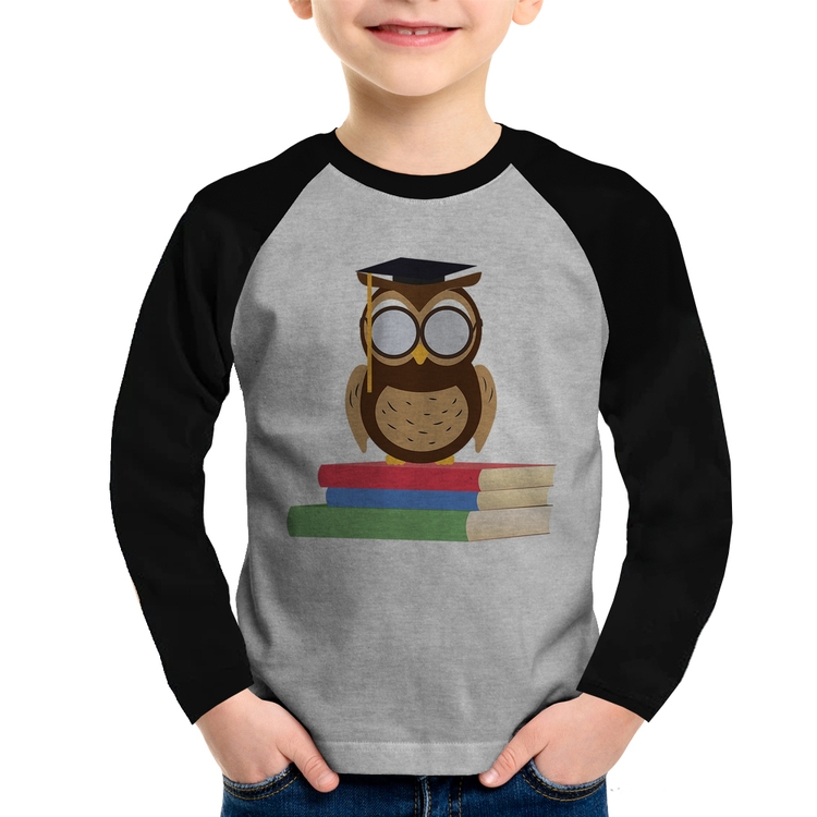 Camiseta Raglan Infantil Coruja Estudante Manga Longa - Cinza/Preto