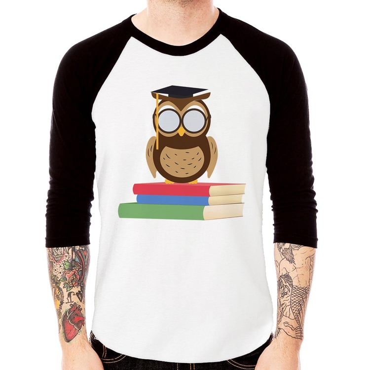 Camiseta Raglan Coruja Estudante Manga 3/4