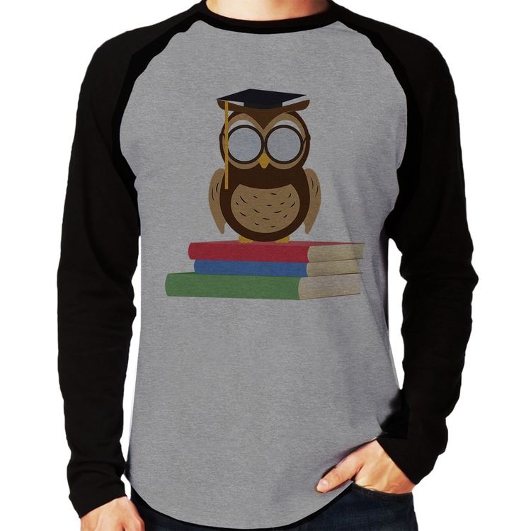 Camiseta Raglan Coruja Estudante Manga Longa - Cinza/Preto