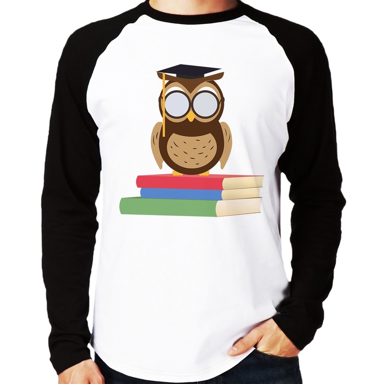 Camiseta Raglan Coruja Estudante Manga Longa