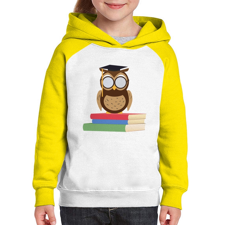 Moletom Infantil Coruja Estudante - Branco/Amarelo