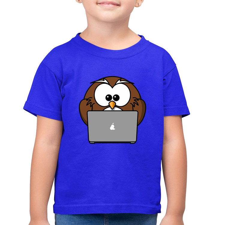 Camiseta Algodão Infantil Coruja Internauta - Azul Royal