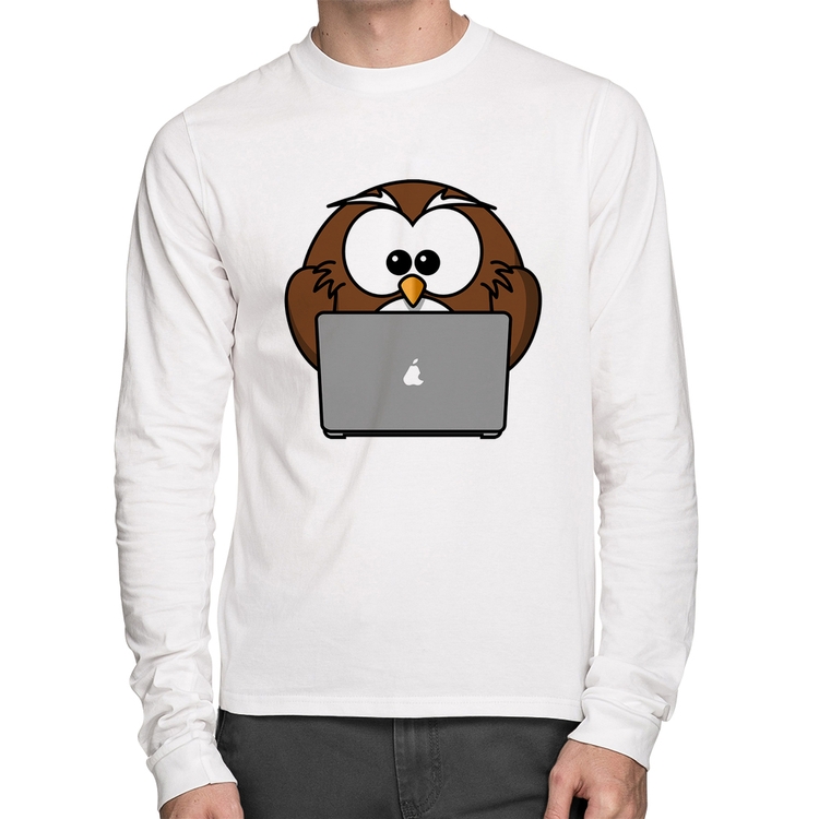 Camiseta Algodão Coruja Internauta Manga Longa - Branca