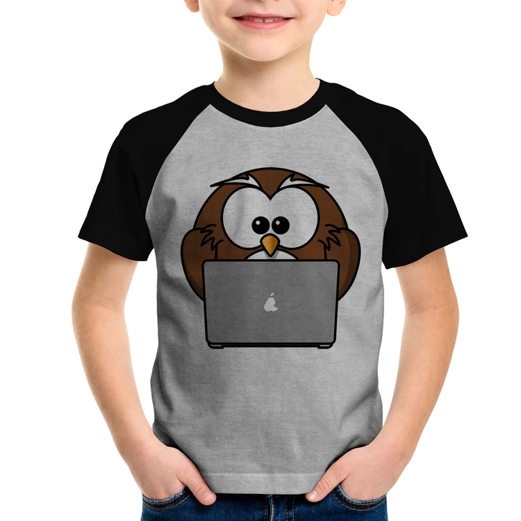 Camiseta Raglan Infantil Coruja Internauta - Cinza/Preto