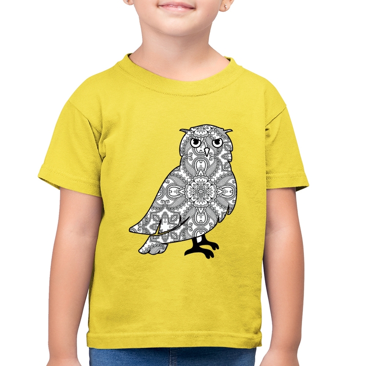 Camiseta Algodão Infantil Coruja Mandala - Amarelo Canário