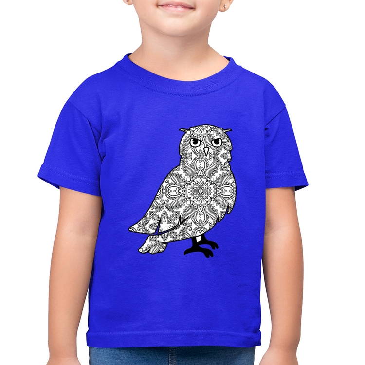 Camiseta Algodão Infantil Coruja Mandala - Azul Royal