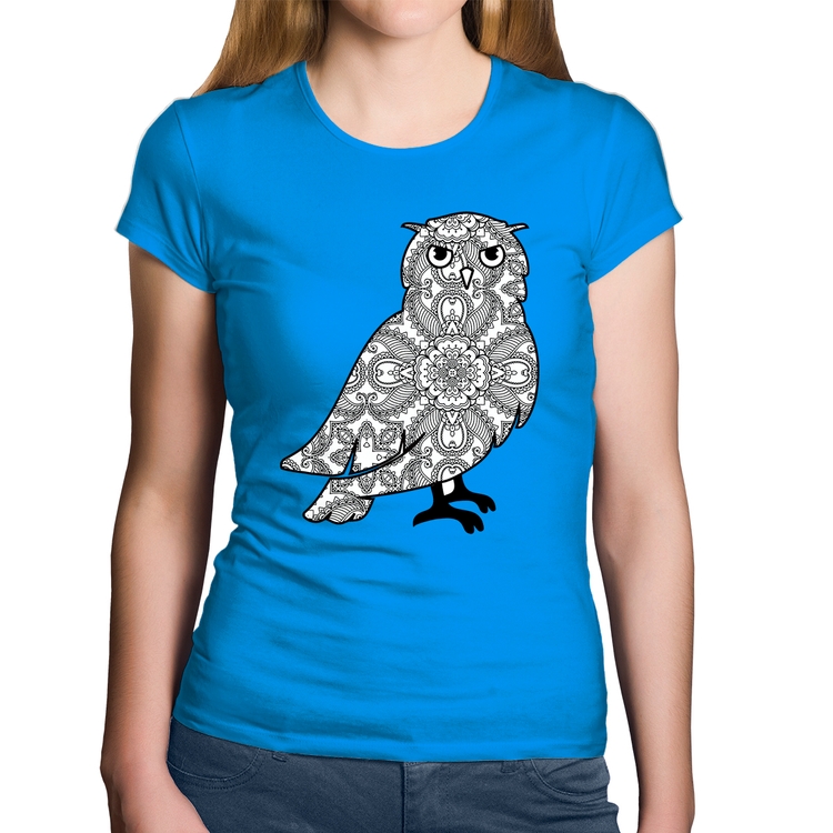 Baby Look Algodão Coruja Mandala - Azul